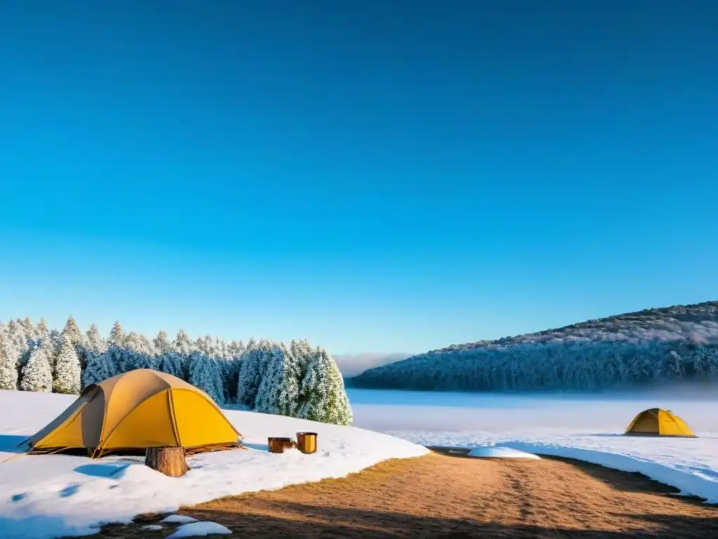 Escena invernal en Uruguay: un campamento acogedor entre árboles nevados con fogata