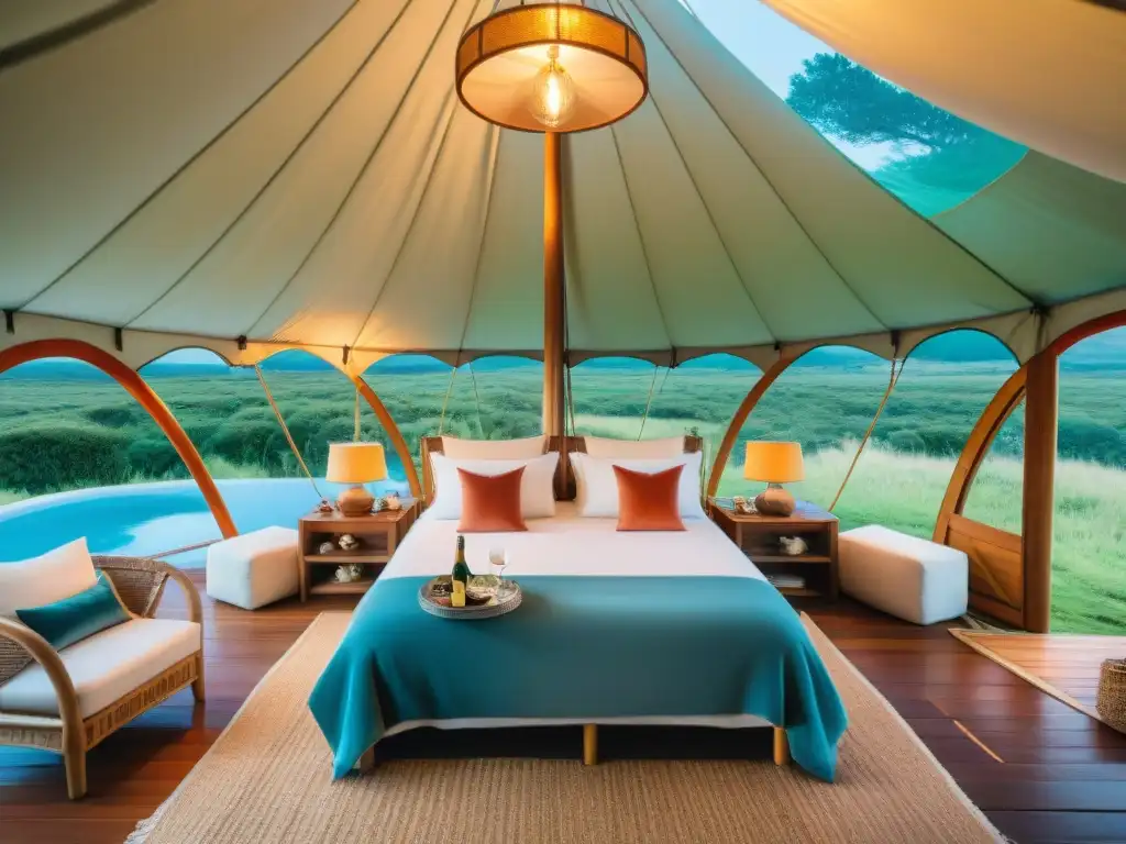 Escena lujosa de glamping en Uruguay: destinos exclusivos con tienda elegante, vegetación exuberante y cielo azul