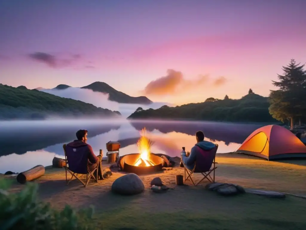 Escena mágica de acampada familiar en Uruguay al atardecer con equipo esencial camping familia Uruguay