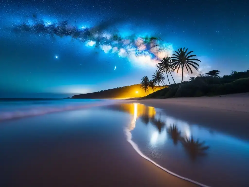 Escena mágica de observación astronómica en playas de Uruguay: la Vía Láctea brilla sobre el cielo nocturno, iluminando la serenidad de la playa