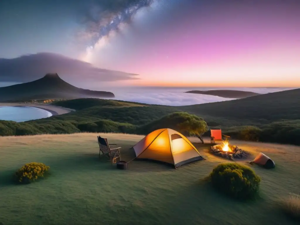 Escena mágica de campamento al atardecer en Uruguay con paquetes de camping en Uruguay