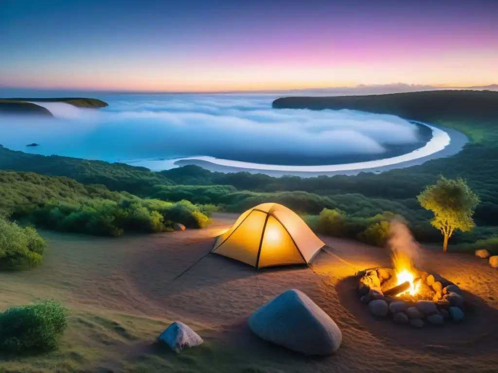 Escena mágica de campamento en Uruguay al atardecer, con tienda acogedora iluminada, fogata y campistas disfrutando de la naturaleza