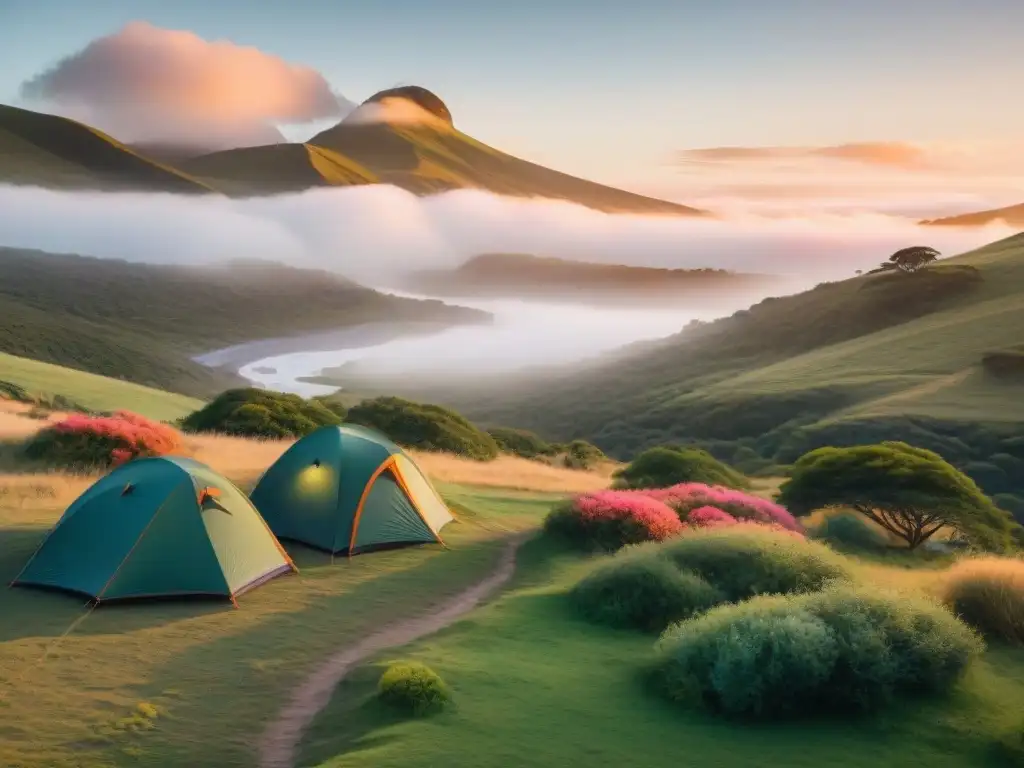 Escena mágica de campamento en Uruguay al atardecer con carpas diversas, ideal para mejor carpa camping clima Uruguay