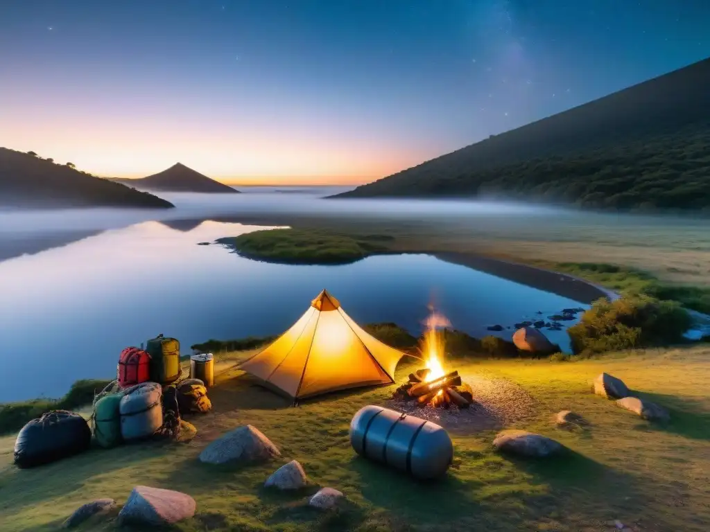 Escena mágica de campamento en la naturaleza de Uruguay al anochecer con sistema purificación agua