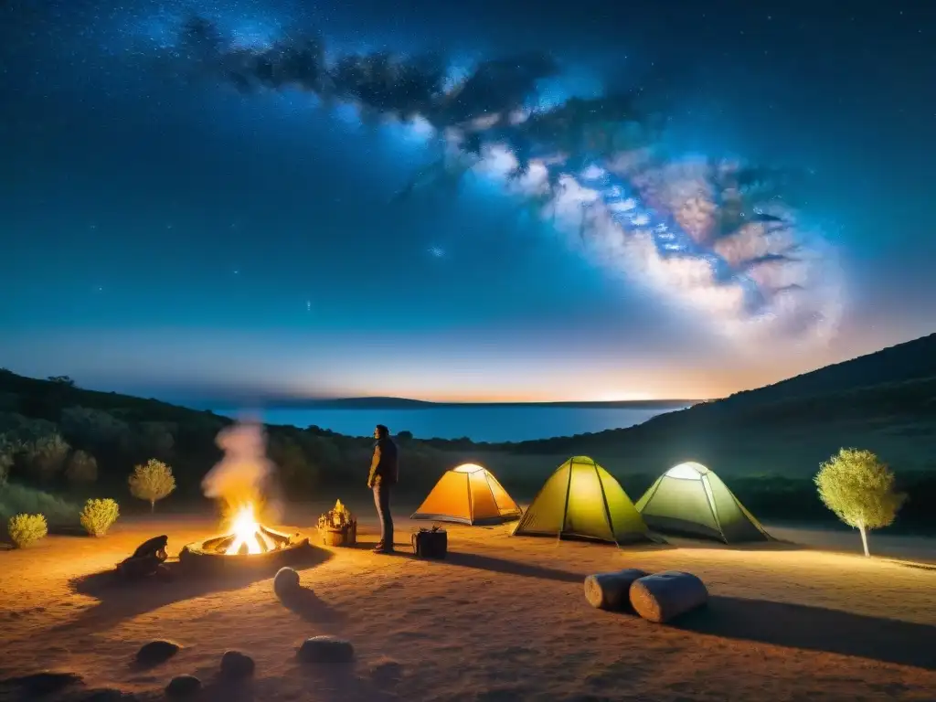 Escena mágica de campamento en Uruguay de noche, con fotógrafos capturando la belleza de la noche estrellada