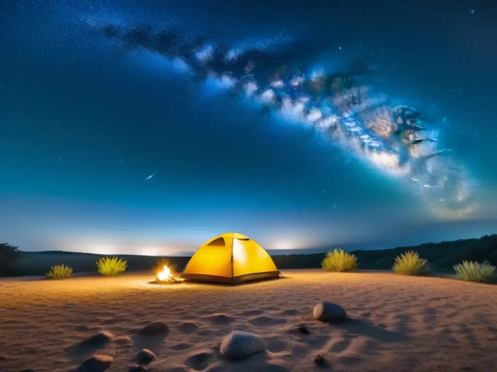 Escena mágica de campamento en Uruguay con sacos de dormir de alta tecnología bajo un cielo estrellado