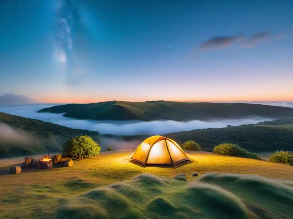 Escena mágica de campamento en Uruguay: tienda iluminada, fogata bajo estrellas brillantes