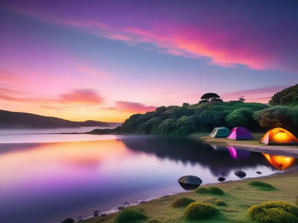 Escena mágica de camping en Uruguay al atardecer, junto al lago, con tienda de campaña iluminada y fogata