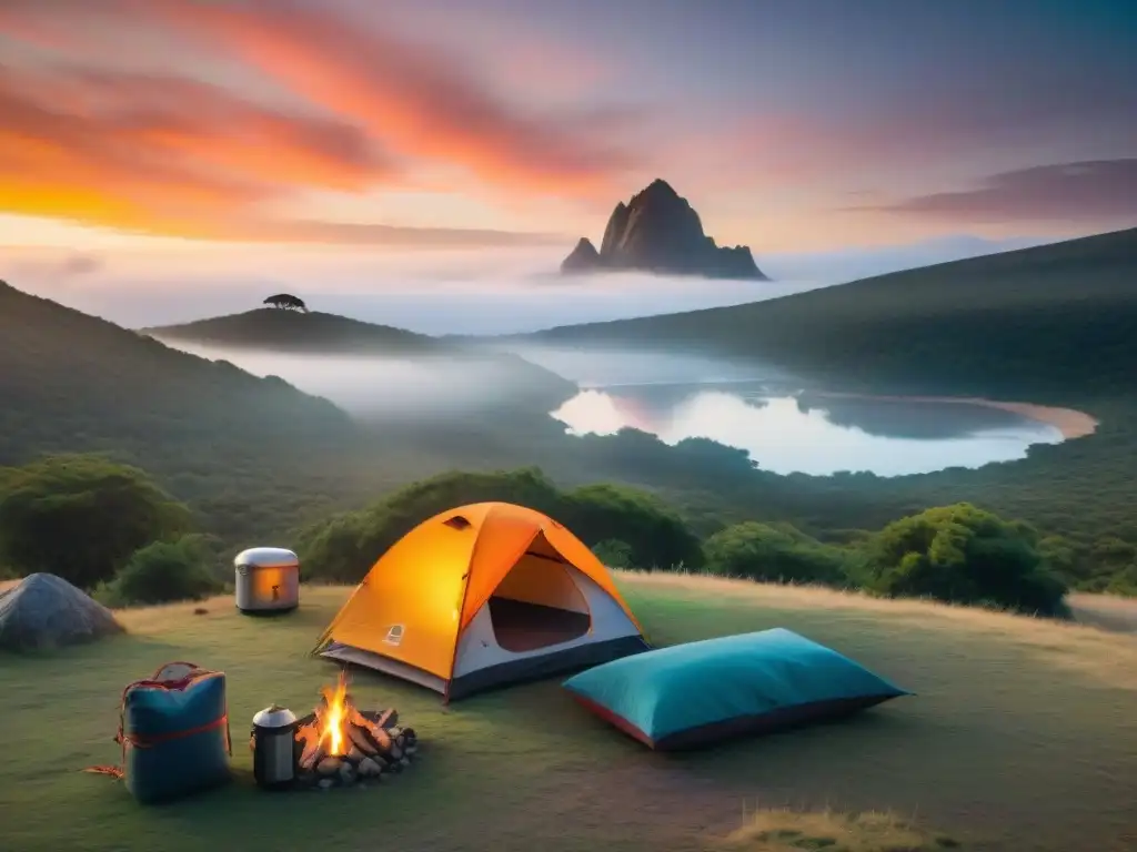 Escena mágica de camping al atardecer en Uruguay, con lago, fogata y campistas