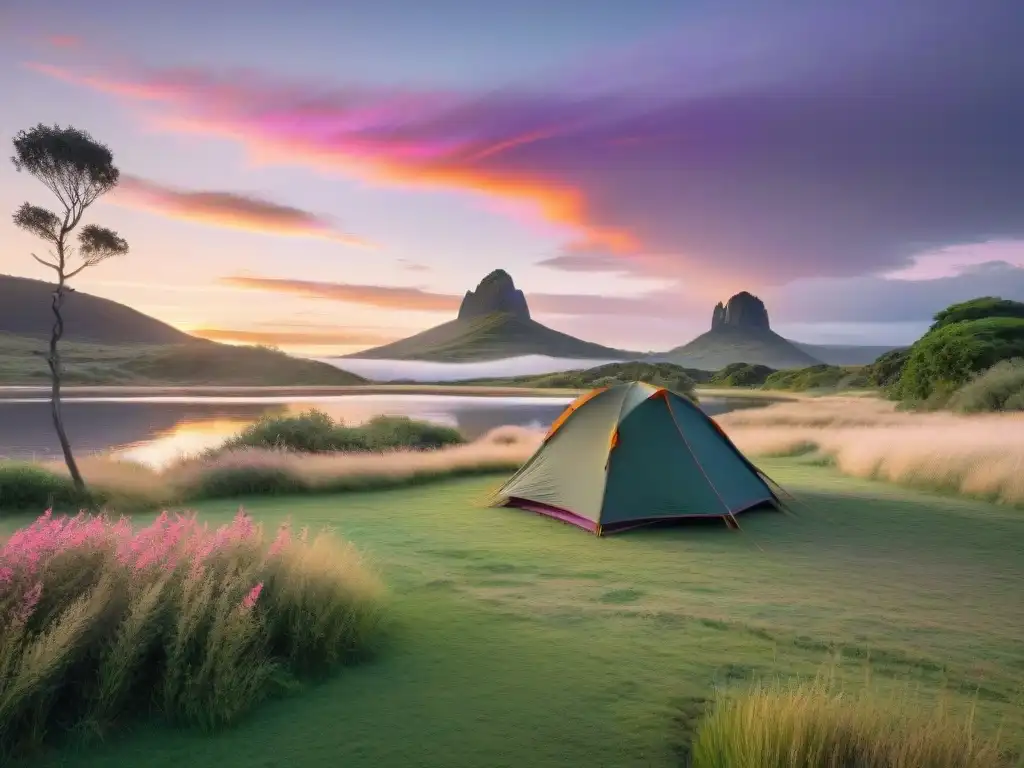 Escena mágica de un camping en Uruguay al amanecer, con colores vibrantes en el cielo y la naturaleza