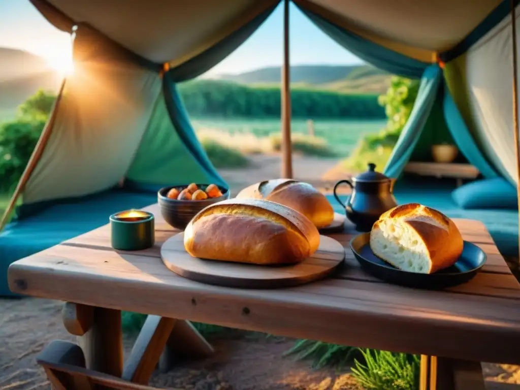 Escena mágica de camping en Uruguay al amanecer: tienda acogedora, fogata con mate y pan casero recién horneado