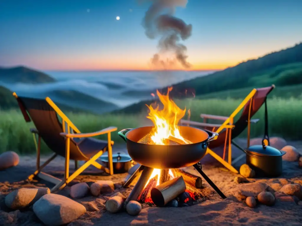 Escena nocturna de campamento con cocina al aire libre y fogata brillante