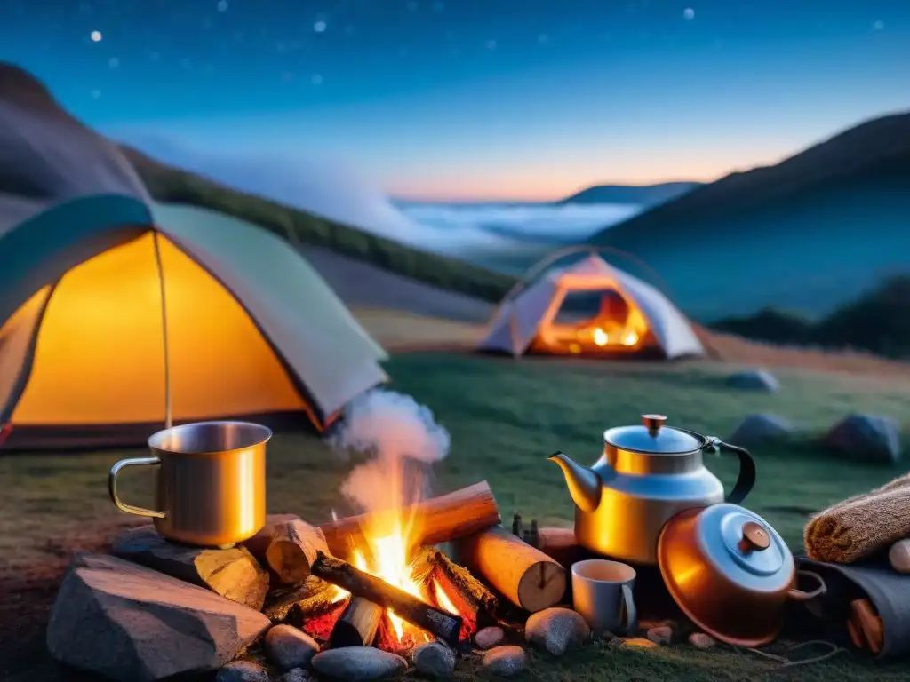 Escena nocturna en un campamento sereno en Uruguay, con fogata y hervidor de bebidas calientes, perfecta para noches de camping