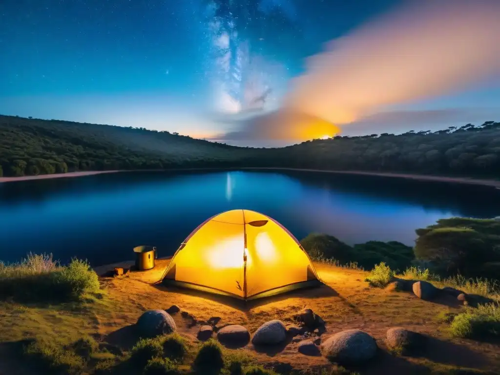 Escena nocturna de campamento solitario en Uruguay con tienda bajo árboles, fogata y estrellas sobre lago