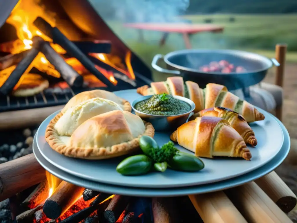 Escena nocturna en camping cultural en Uruguay con comida tradicional y fogata bajo estrellas