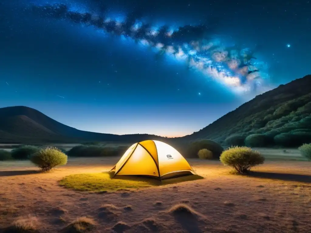 Escena nocturna estrellada en Uruguay con saco de dormir iluminado