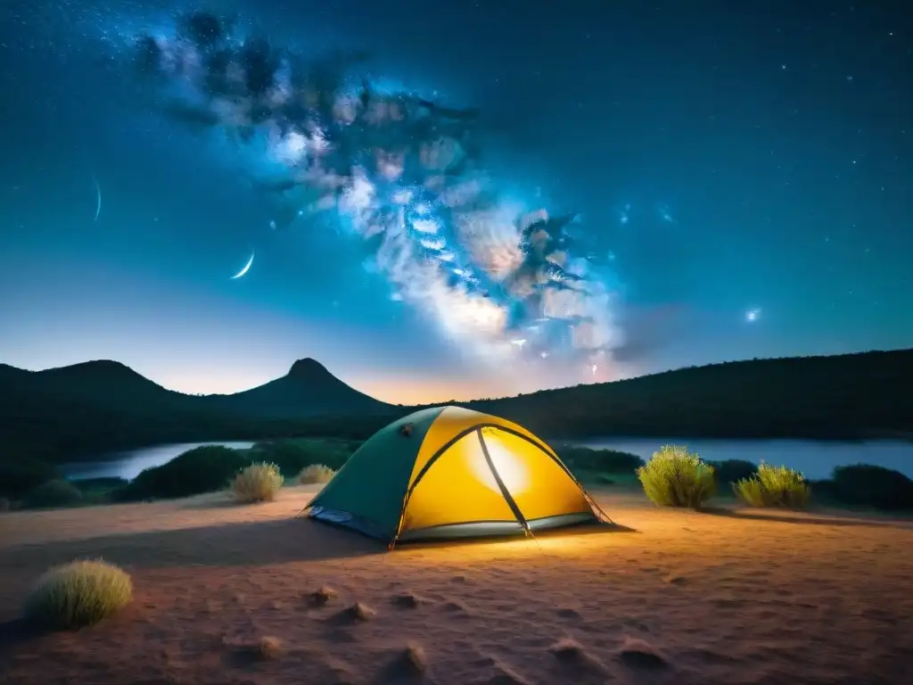 Escena nocturna en Uruguay con mejores sacos dormir camping, tienda iluminada y cielo estrellado