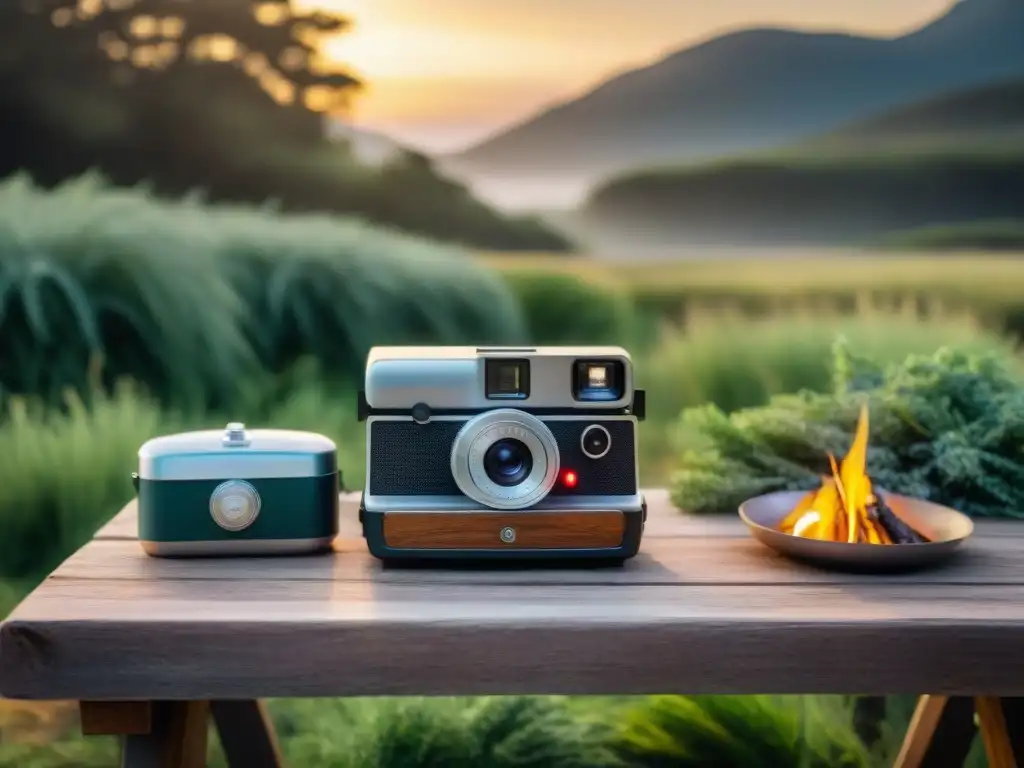 Escena nostálgica de camping en Uruguay con cámara instantánea vintage en mesa de picnic, rodeada de naturaleza y fogata al atardecer