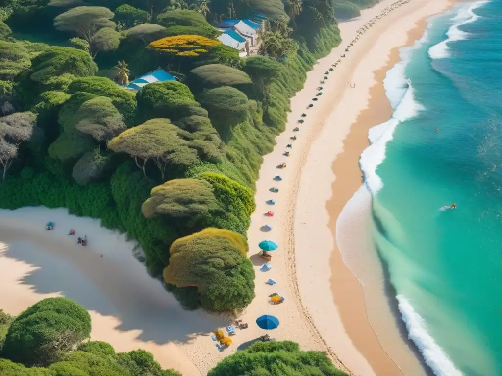 Escena paradisíaca en la playa de Uruguay con equipo de camping para playas, sol, mar turquesa y palmeras verdes