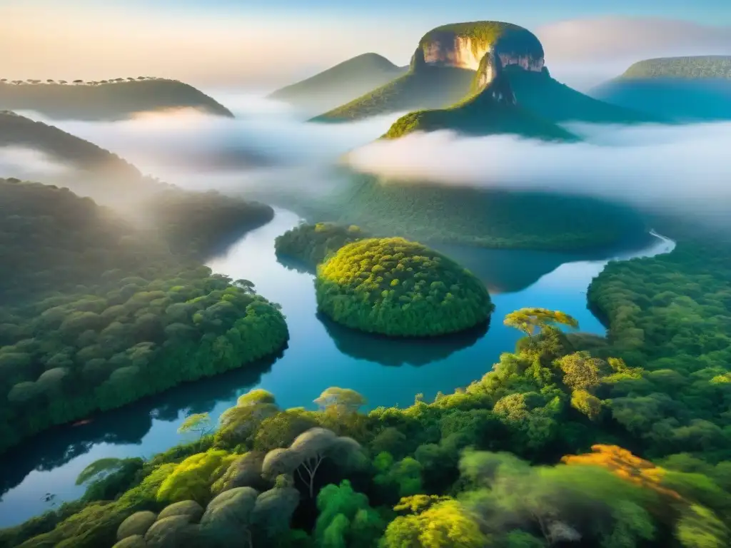 Escena al amanecer en Parque Nacional Rocha, con diversidad de árboles, río y aves coloridas