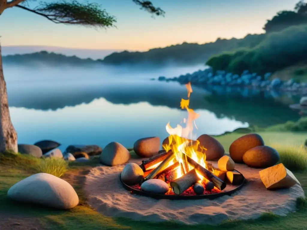 Escena pintoresca de un campamento sereno en Uruguay al anochecer, con un fogón crepitante rodeado de piedras, iluminando cálidamente