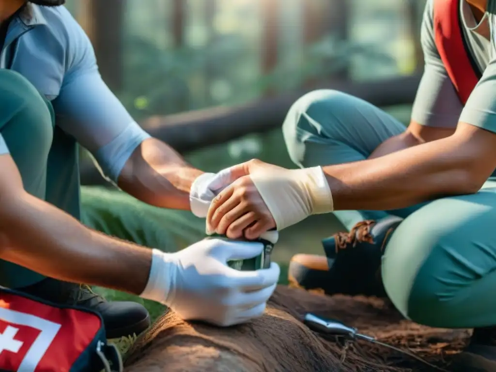 Una escena de primeros auxilios en camping: aplicación cuidadosa de una férula al brazo lesionado de otro, en un bosque al atardecer