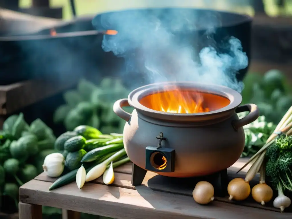Cocina al aire libre con olla de barro en Uruguay Escena rústica al aire libre en Uruguay cocinando una sabrosa sopa