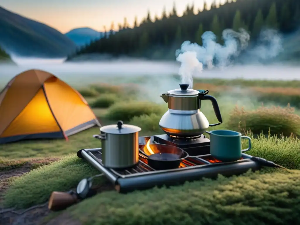 Escena serena de acampada al amanecer con café en camping