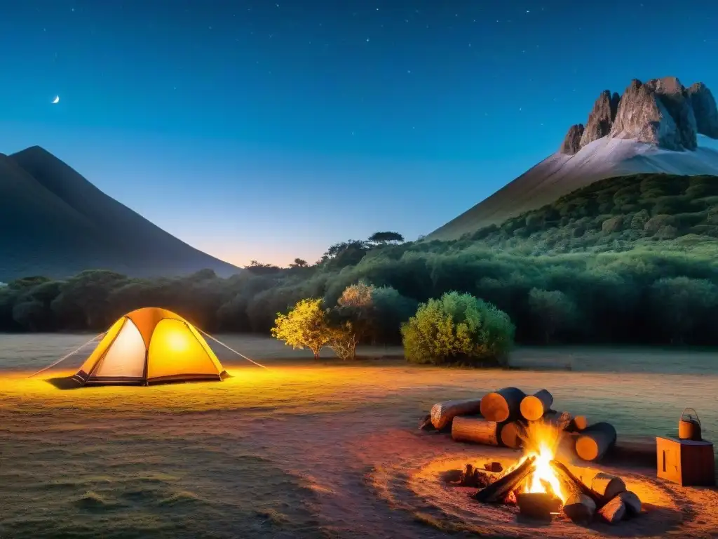 Escena serena de acampada en la naturaleza uruguaya al anochecer, con consejos de supervivencia en Uruguay