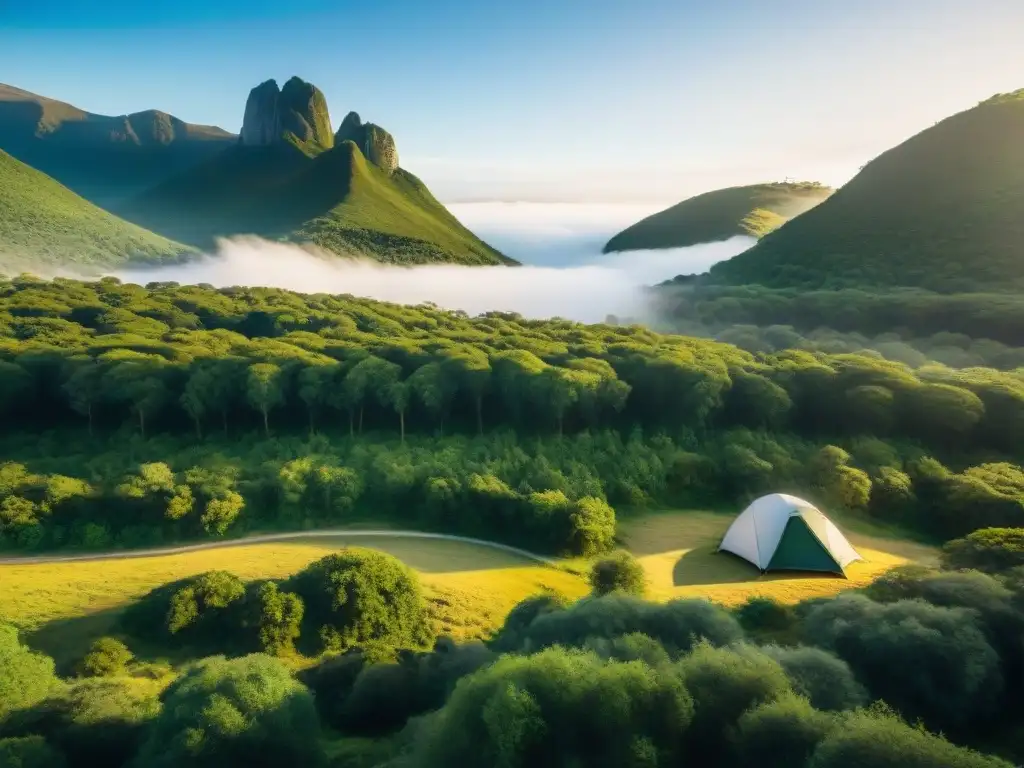 Escena serena de acampar en Uruguay, con un bosque verde, río y carpa