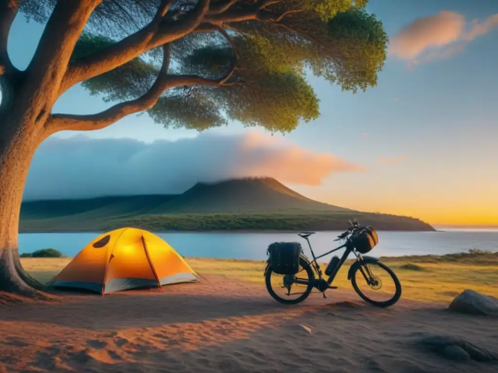 Escena serena de campamento en Uruguay al atardecer, con bicicleta y tienda iluminada