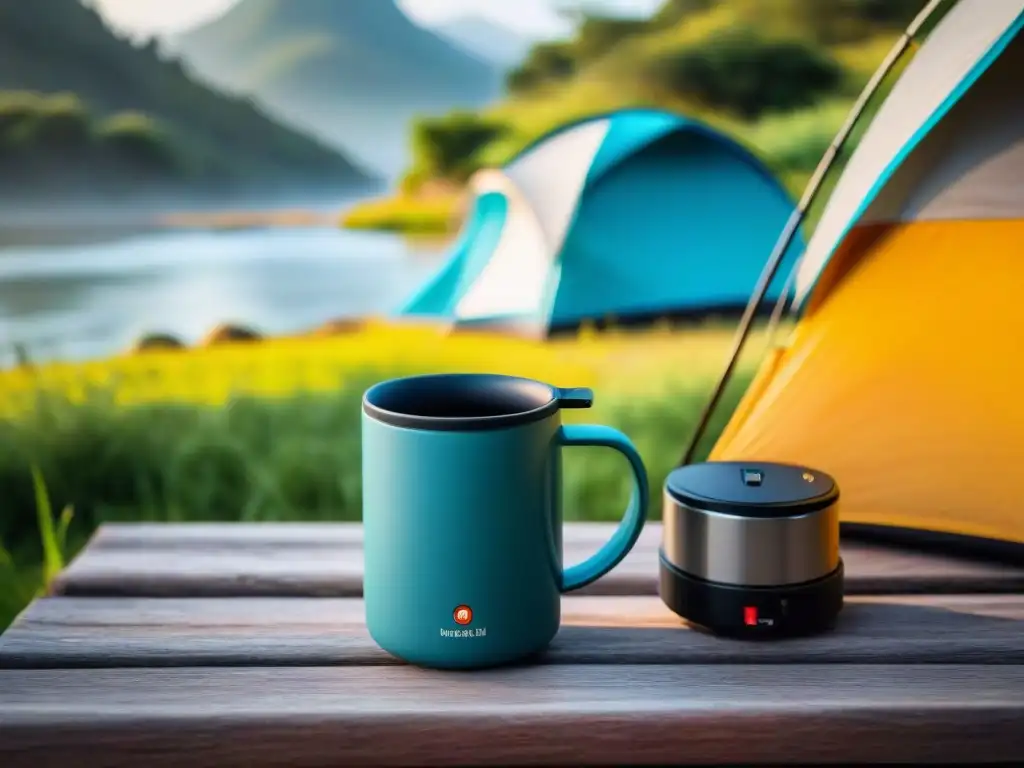 Escena serena de campamento en Uruguay al amanecer, con cafetera portátil en mesa de madera rústica