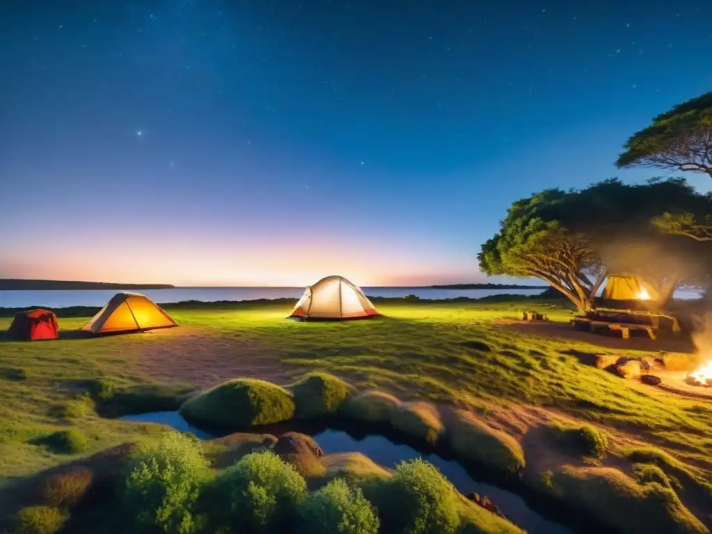 Escena serena de campamento en Uruguay con una tienda acogedora bajo un cielo estrellado y fogata brillante