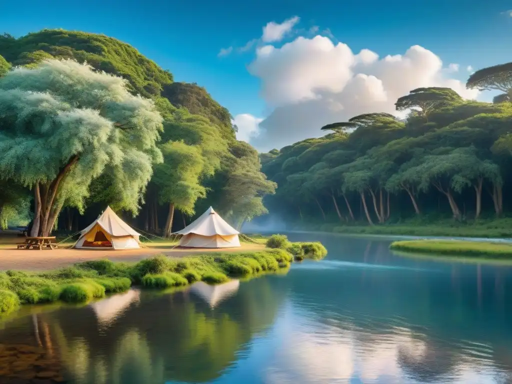 Escena serena de un campamento verde junto a un río en Uruguay