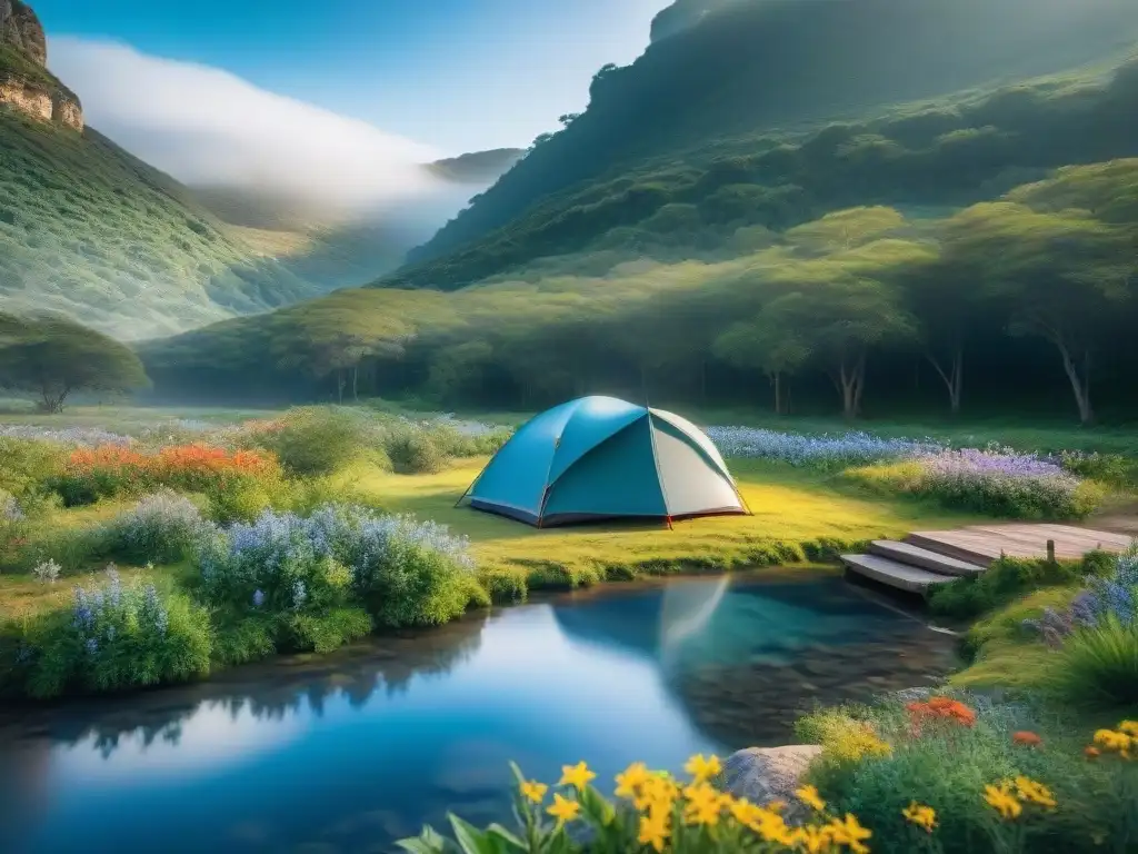 Escena serena de camping en Uruguay con filtro de agua de alta tecnología en uso, rodeado de naturaleza exuberante y cielo azul