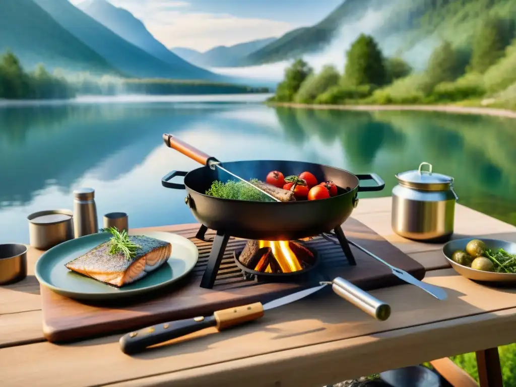 Escena serena de camping con parrilla sobre fuego abierto junto a un lago, transmitiendo expertise en pescado a la parrilla