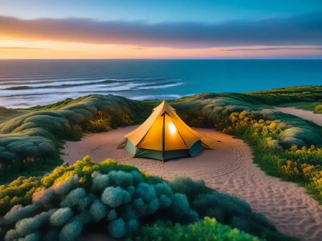 Escena serena de camping en Punta del Diablo: tienda acogedora, fogata y atardecer sobre el mar