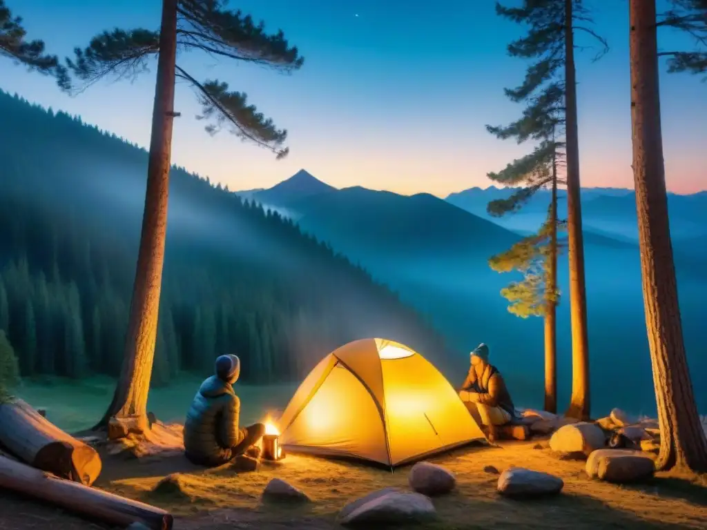 Escena serena de camping al anochecer con purificador de aire portátil iluminado, campamento acogedor entre pinos altos