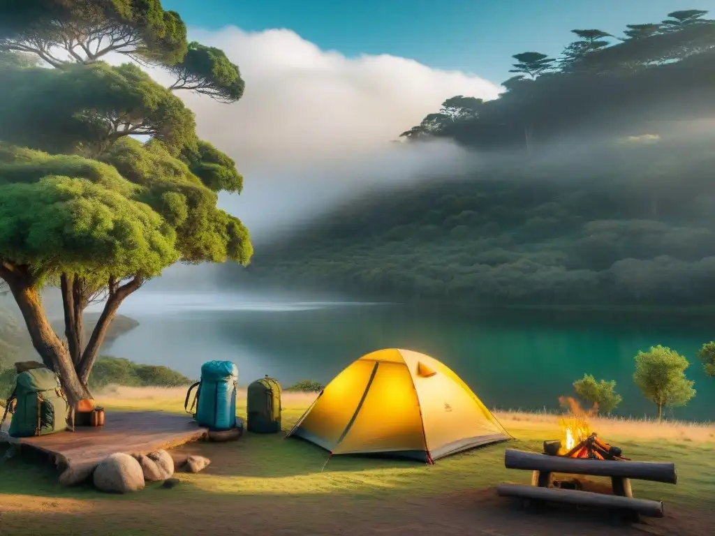 Escena serena de camping en Uruguay con tienda de colores, naturaleza exuberante y equipo de campamento