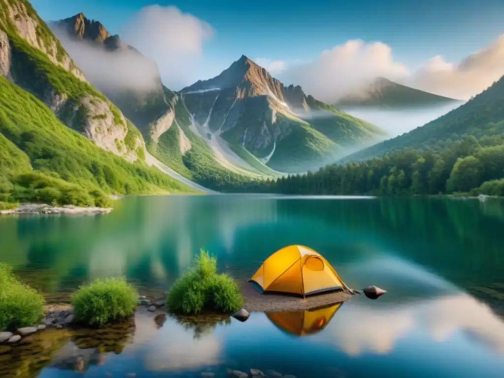 Escena serena en lago de montaña cristalino con tienda de camping, reflejos de montañas y familia alrededor de fogata