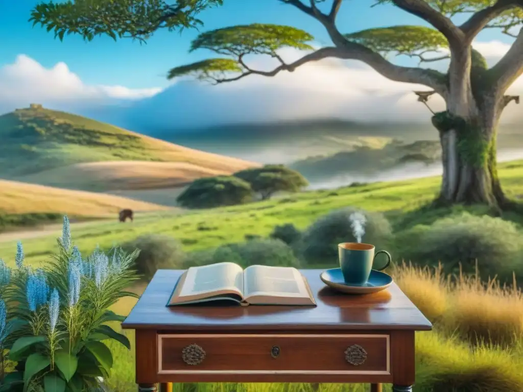 Escena serena de la naturaleza uruguaya, mesa de madera con libro y pluma, inspiración literaria en la naturaleza