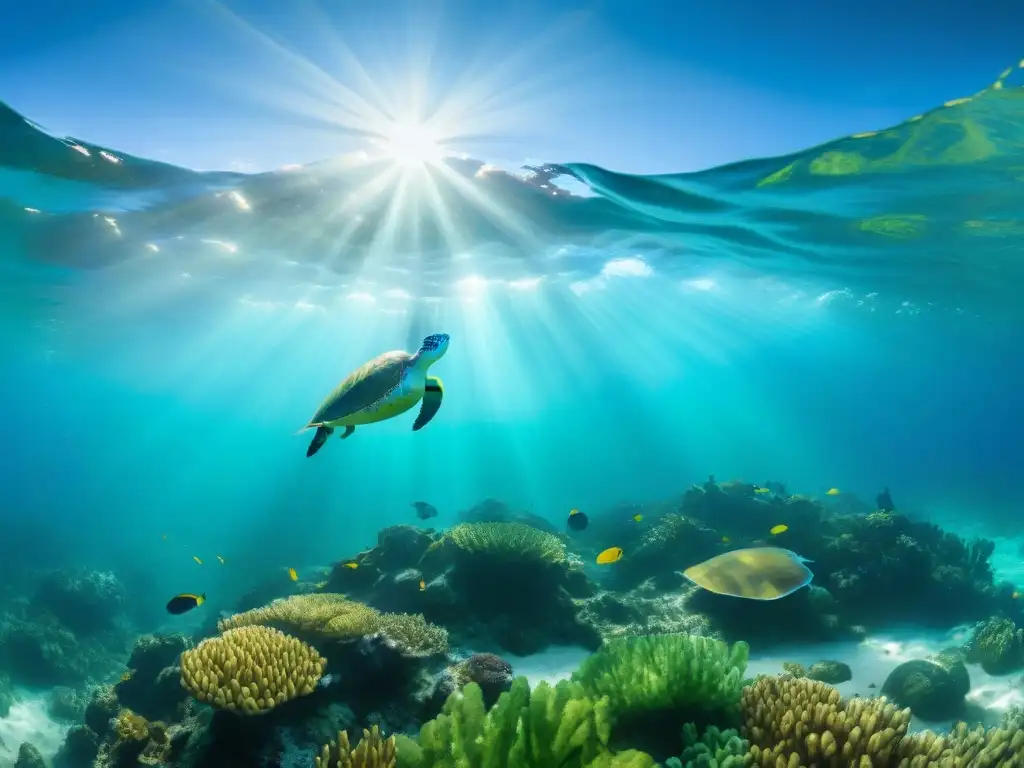 Una escena submarina vibrante frente a la costa de Uruguay, con una diversa fauna acuática campamento Uruguay entre arrecifes de coral y algas