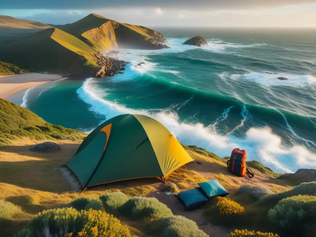 Escena de supervivencia en clima uruguayo extremo: tienda en acantilado con equipo de campamento iluminado por fogata bajo cielo estrellado