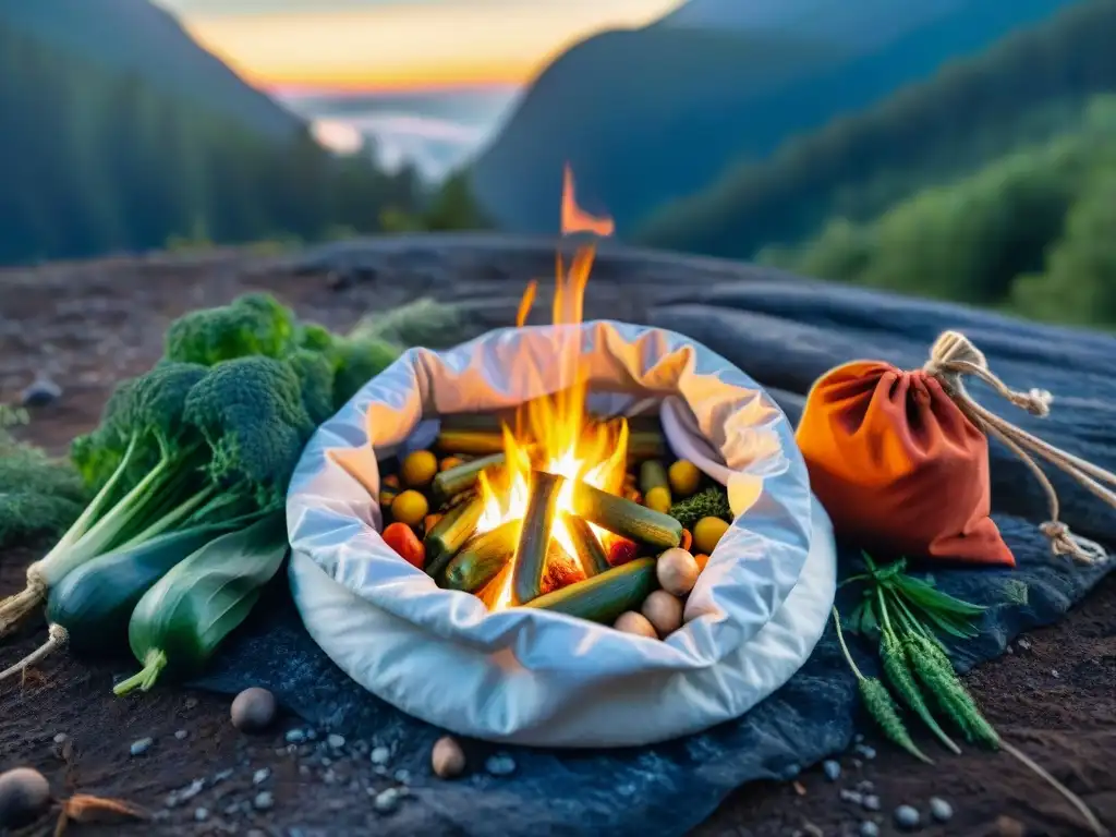 Escena tranquila en un campamento al anochecer con verduras deshidratadas listas para rehidratar