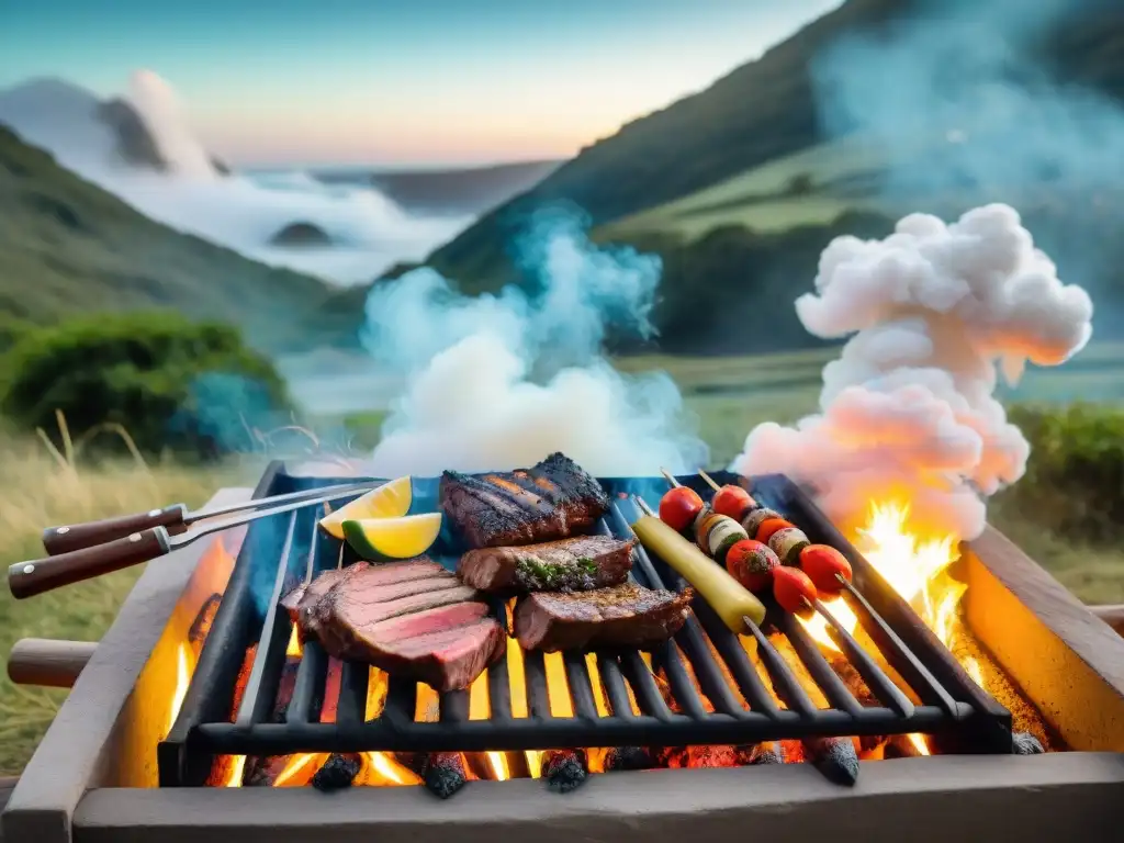 Una escena única: asado uruguayo en camping, locales y turistas compartiendo, carne a la parrilla