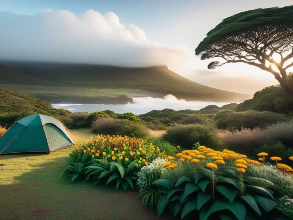 Escena vibrante de camping en Uruguay con diversa flora y fauna autóctona, resaltando la belleza natural y biodiversidad del país