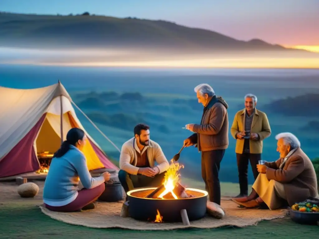 Una escena vibrante de camping en Uruguay con diversidad de personas disfrutando actividades tradicionales