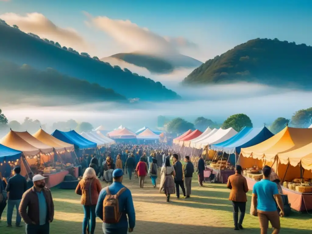 Escena vibrante de festival local con comida tradicional, música en vivo y asistentes diversos bajo cielo azul