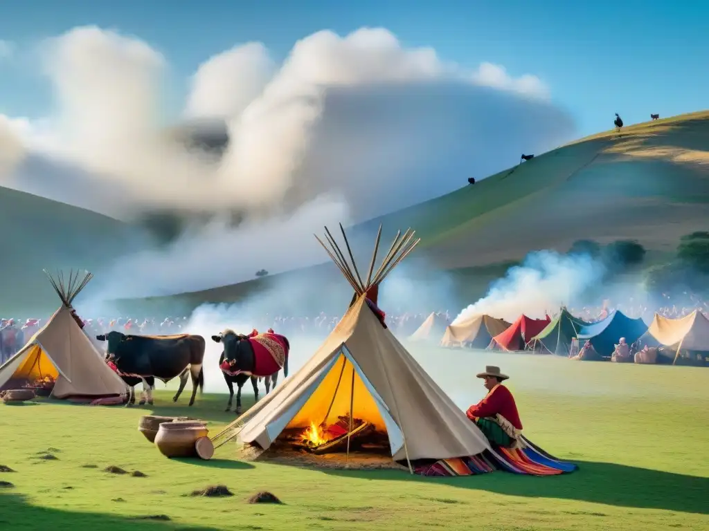 Escena vibrante de la Fiesta de la Patria Gaucha: gauchos preparan asado en campamento colorido