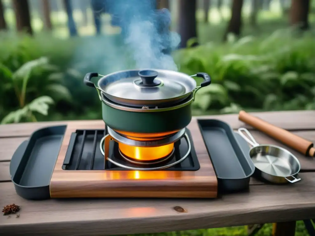 Un escenario idílico en el bosque con nuevos gadgets cocina portátiles camping